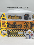 Pittsburgh Steelers inspired grosgrain ribbon and/or coordinating 1" flatbacks.  Perfect for bow making and many other crafts.