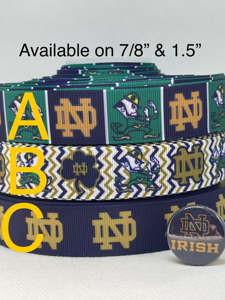 NOTRE DAME FIGHTING IRISH inspired grosgrain ribbon and/or coordinating 1" flatbacks. Perfect for bow making and many other crafts.