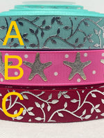 Foil embossed grosgrain ribbon and/or coordinating 1" flatbacks.  Perfect for bow making and many other crafts.