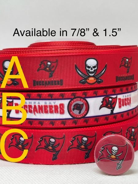 Tampa Bay Buccaneers inspired grosgrain ribbon and/or coordinating 1" flatbacks.  Perfect for bow making and many other crafts.