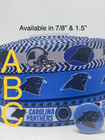 Carolina Panthers inspired grosgrain ribbon and/or coordinating 1" flatbacks.  Perfect for bow making and many other crafts.