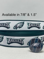 PHILADELPHIA EAGLES inspired grosgrain ribbon and/or coordinating 1" flatbacks.  Perfect for bow making and many other crafts.