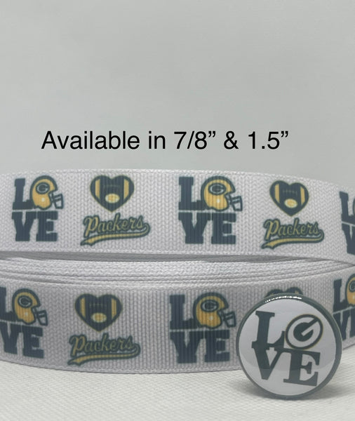 Green Bay Packers inspired grosgrain ribbon and/or coordinating 1" flatbacks.  Perfect for bow making and many other crafts.