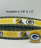 Green Bay Packers inspired grosgrain ribbon and/or coordinating 1" flatbacks.  Perfect for bow making and many other crafts.