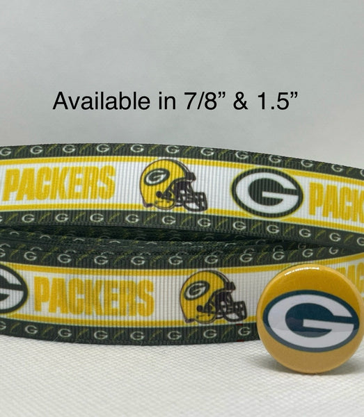 Green Bay Packers inspired grosgrain ribbon and/or coordinating 1" flatbacks.  Perfect for bow making and many other crafts.
