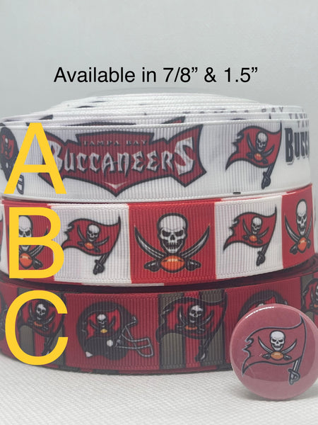 Tampa Bay Buccaneers inspired grosgrain ribbon and/or coordinating 1" flatbacks.  Perfect for bow making and many other crafts.