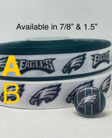 PHILADELPHIA EAGLES inspired grosgrain ribbon and/or coordinating 1" flatbacks.  Perfect for bow making and many other crafts.
