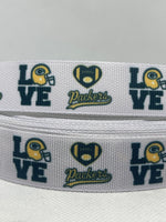 Green Bay Packers inspired grosgrain ribbon and/or coordinating 1" flatbacks.  Perfect for bow making and many other crafts.