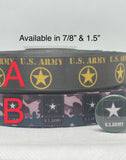 US ARMY inspired grosgrain ribbon and/or coordinating 1" flatbacks.  Perfect for bow making and many other crafts.