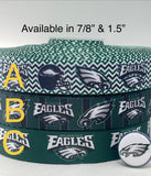 Philadelphia Eagles inspired grosgrain ribbon and/or coordinating 1" flatbacks.  Perfect for bow making amd many other crafts.