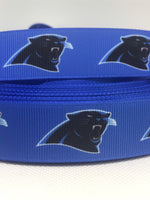 Carolina Panthers inspired grosgrain ribbon and/or coordinating 1" flatbacks.  Perfect for bow making and many other crafts.