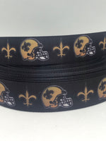 New Orleans Saints inspired grosgrain ribbon and/or coordinating 1" flatbacks. Perfect for making bows and many other crafts.