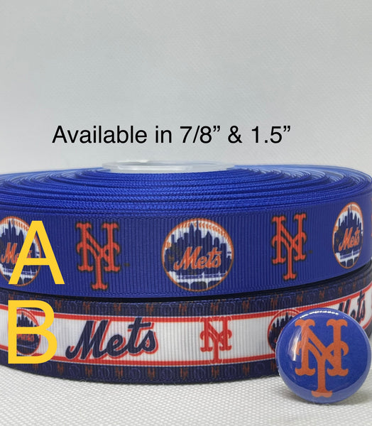 NEW YORK METS inspired grosgrain ribbon and/or coordinating 1" flatbacks. Perfect for bow making and many other crafts.