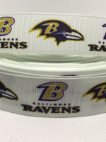 Baltimore Ravens inspired grosgrain ribbon and/or coordinating 1" flatbacks.  Perfect for bow making and many other crafts.