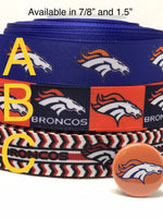 Denver Broncos inspired 7/8" & 1.5" grosgrain ribbon and/or coordinating 1" flatbacks.  Perfect for bow making and many other crafts.