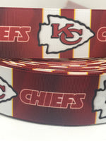 Kansas City Chiefs inspired grosgrain ribbon and/or coordinating 1" planar resin.  Perfect for bow making and many other crafts.