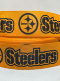 Pittsburgh Steelers inspired grosgrain ribbon and/or coordinating 1" flatbacks.  Perfect for bow making and many other crafts.