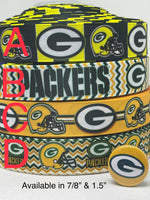 Green Bay Packers 7/8" or 1.5" inspired grosgrain ribbon and/or coordinating 1" flatbacks.  Perfect for bow making and many other crafts.