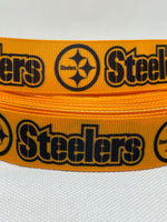 Pittsburgh Steelers inspired grosgrain ribbon and/or coordinating 1" flatbacks.  Perfect for bow making and many other crafts.