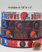 Cleveland Browns inspired 7/8" & 1.5" grosgrain ribbon and/or coordinating 1" flatbacks. Perfect for bow making and many other crafts.