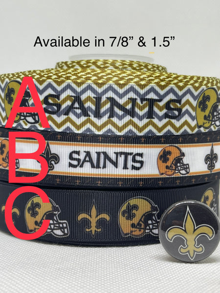 New Orleans Saints inspired grosgrain ribbon and/or coordinating 1" flatbacks. Perfect for making bows and many other crafts.