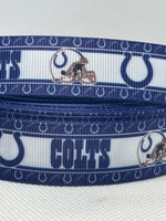 Indianapolis Colts inspired grosgrain ribbon and/or coordinating 1" flatbacks.  Perfect for bow making and many other crafts.