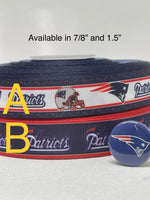 New England Patriots inspired grosgrain ribbon and/or coordinating 1" flatbacks. Perfect for bow making and many other crafts.