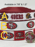 SAN FRANCISCO 49ERS inspired grosgrain ribbon and/or coordinating 1" flatbacks.  Perfect for bow making and many other crafts.