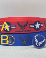 AIR FORCE inspired grosgrain ribbon and/or coordinating 1" flatbacks. Perfect for bow making and many other crafts.