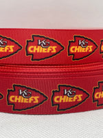 Kansas City Chiefs inspired grosgrain ribbon and/or coordinating 1" flatback buttons.  Perfect for bow making and many other crafts.