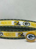 Green Bay Packers inspired grosgrain ribbon and/or coordinating 1" flatbacks.  Perfect for bow making and many other crafts.