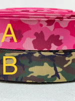 Camouflage inspired grosgrain ribbon and/or coordinating 1" flatbacks. Perfect for bow making and many other crafts.