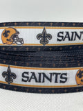 New Orleans Saints inspired grosgrain ribbon and/or coordinating 1" flatbacks. Perfect for making bows and many other crafts.