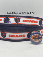 Chicago Bears inspired grosgrain ribbon and/or coordinating 1" flatbacks. Perfect for bow making and many other crafts.