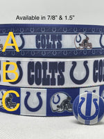 Indianapolis Colts inspired grosgrain ribbon and/or coordinating 1" flatbacks.  Perfect for bow making and many other crafts.