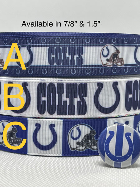 Indianapolis Colts inspired grosgrain ribbon and/or coordinating 1" flatbacks.  Perfect for bow making and many other crafts.