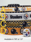 Pittsburgh Steelers inspired grosgrain ribbon and/or coordinating 1" flatbacks.  Perfect for bow making and many other crafts.