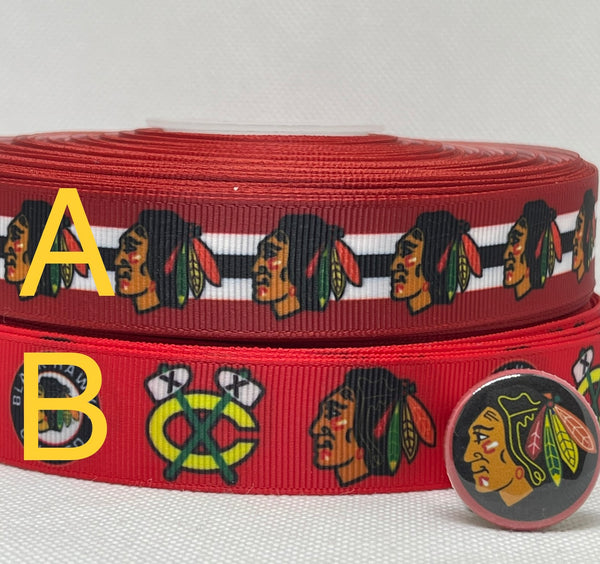 CHICAGO BLACKHAWKS inspired 7/8" grosgrain ribbon and/or coordinating 1" flatbacks.  Perfect for bow making and many other crafts.