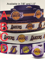 LOS ANGELES LAKERS inspired grosgrain ribbon and/or coordinating 1" flatbacks. Perfect for bow making and many other crafts.